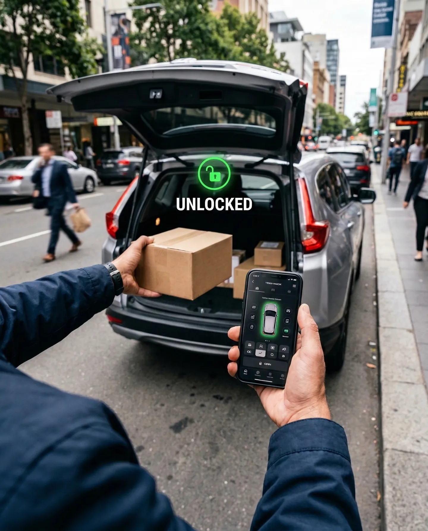 Curier scanând un cod pe telefon pentru a deschide portbagajul unui SUV parcat și a plasa un colet înăuntru, tehnologie smart key, siguranță