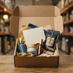 Cutie cu abonament deschisă prezentând produse premium așezate perfect într-un depozit de logistică