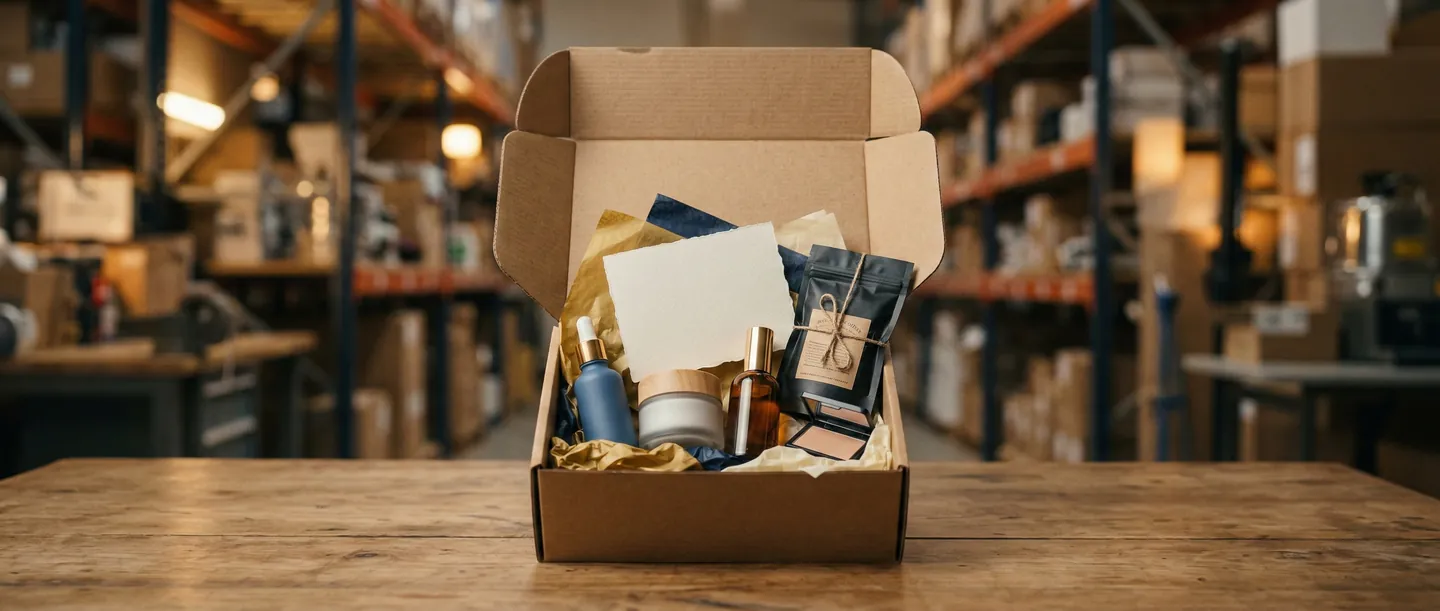 Cutie cu abonament deschisă prezentând produse premium așezate perfect într-un depozit de logistică