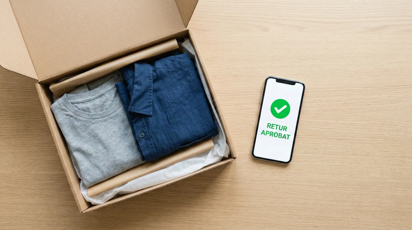 Retururi Ecommerce Simplificate Cutie de colet deschisă alături de un telefon mobil pe care scrie retur aprobat, ilustrând ușurința procesului de reverse logistics