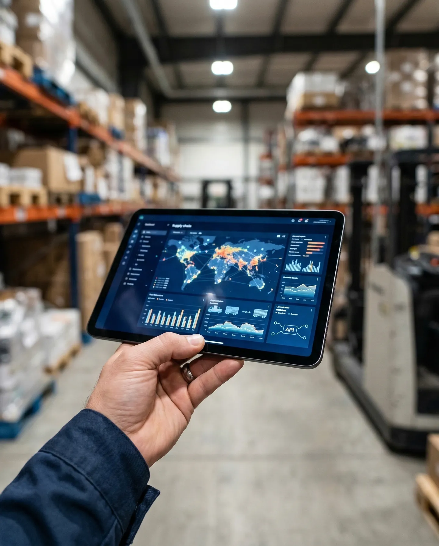 Dashboard logistic pe tabletă afișând date în timp real și integrări API