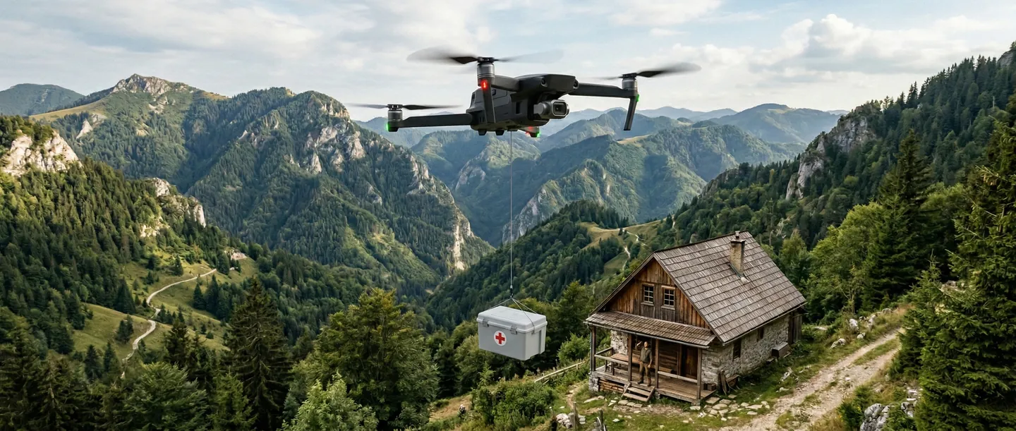Livrare Inovativă cu Drona în Locații Izolate Dronă de curierat coborând o cutie medicală izolată către o casă izolată din munți, testând livrările aeriene automate