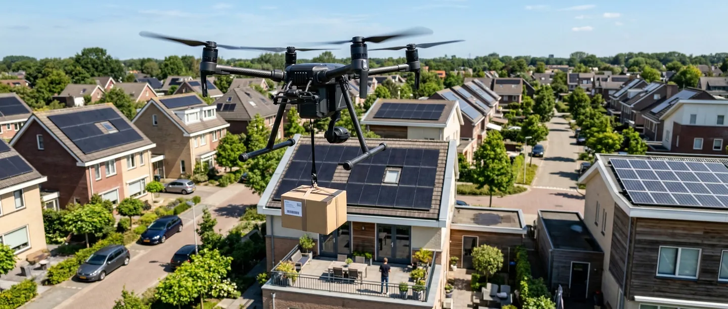 Livrare cu Drona 2026 Dronă de curierat livrând un pachet într-o zonă rezidențială modernă, ilustrând viitorul livrărilor last-mile