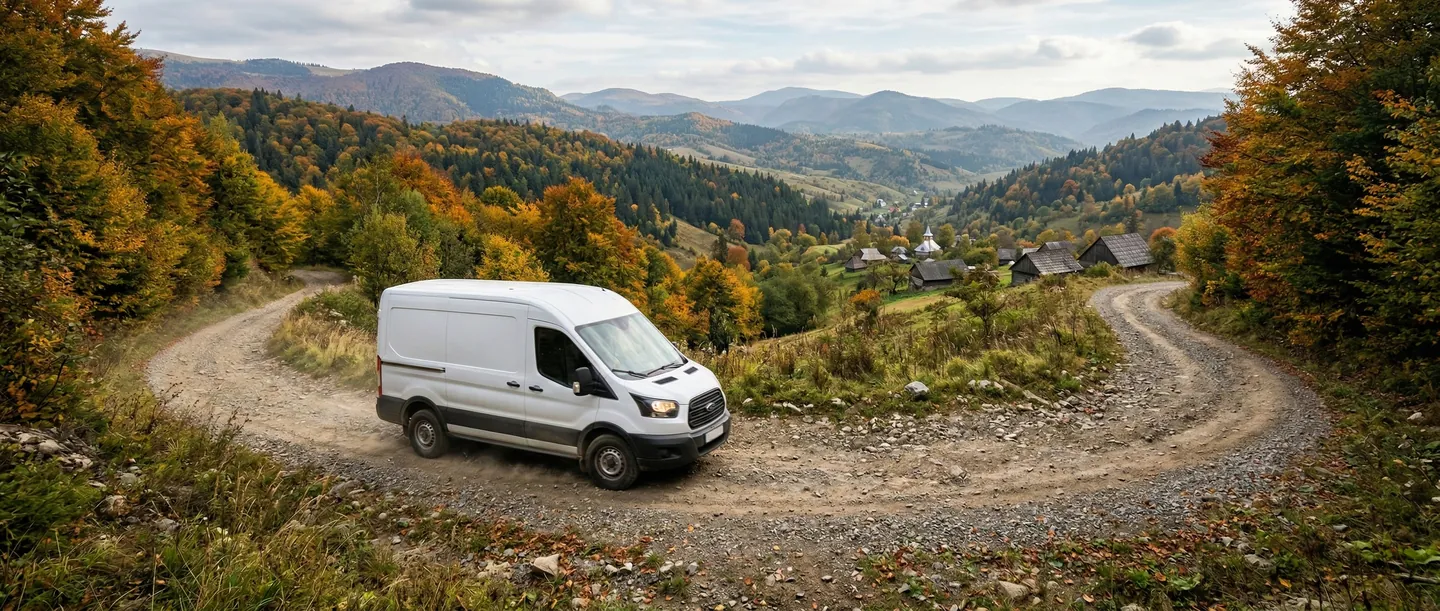 Optimizare Rută Curierat Rural Dubă de curierat navigând pe un drum de țară pitoresc din România, optimizarea rutelor prin sisteme TMS pentru livrare eficientă la munte