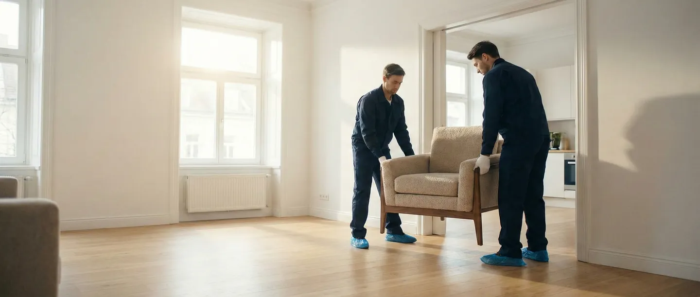 Servicii de Livrare Premium White Glove Echipă profesionistă de livrare White Glove transportând mobilier într-un apartament modern