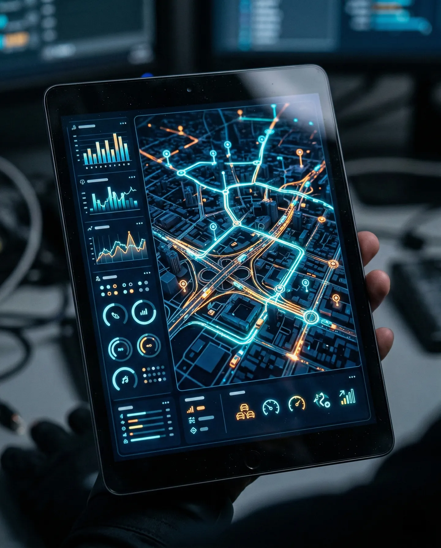 Ecranul unei tablete afișând un software avansat de rutare a livrărilor cu inteligență artificială, hărți 3D cu hub-uri urbane și statistici