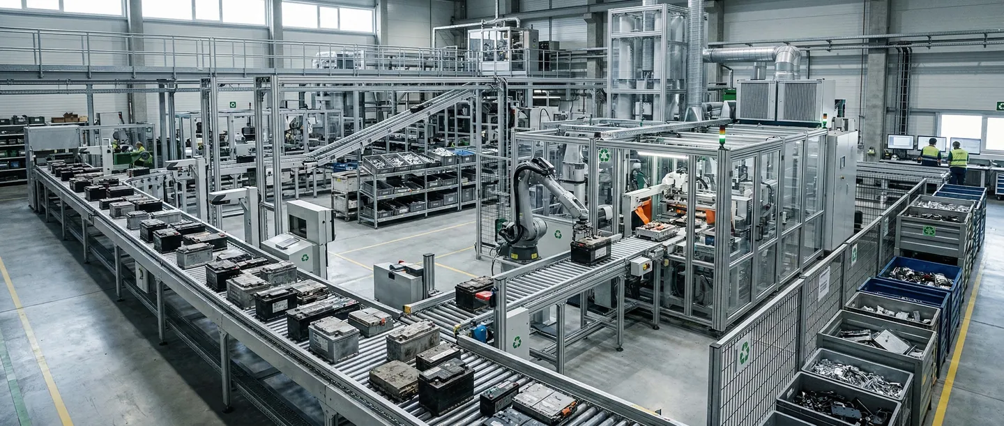 Reciclare și Logistică Inversă Baterii Facilitate de reciclare a bateriilor reprezentând logistica inversă și economia circulară în industria auto