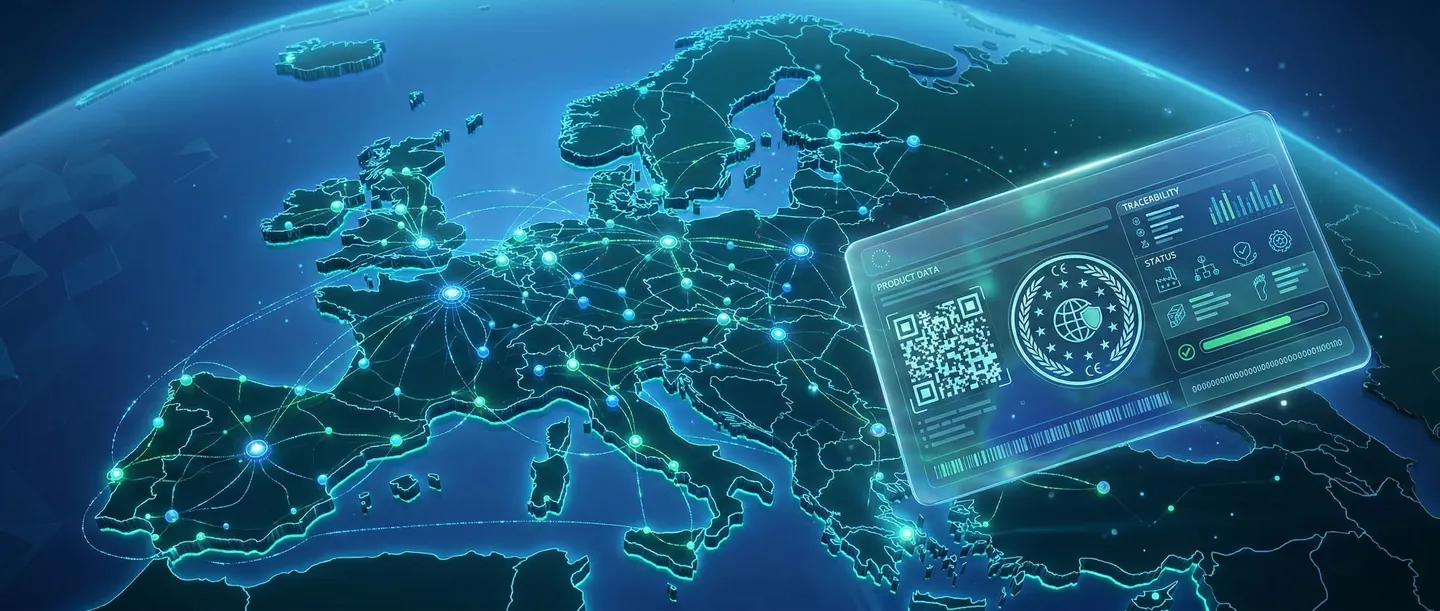 Hartă 3D a Europei cu noduri digitale de logistică și un Pașaport Digital al Produsului holografic plutind deasupra, simbolizând conformitatea ESPR.