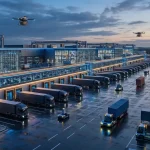 Hub logistic industrial modern cu camioane electrice și tehnologie avansată