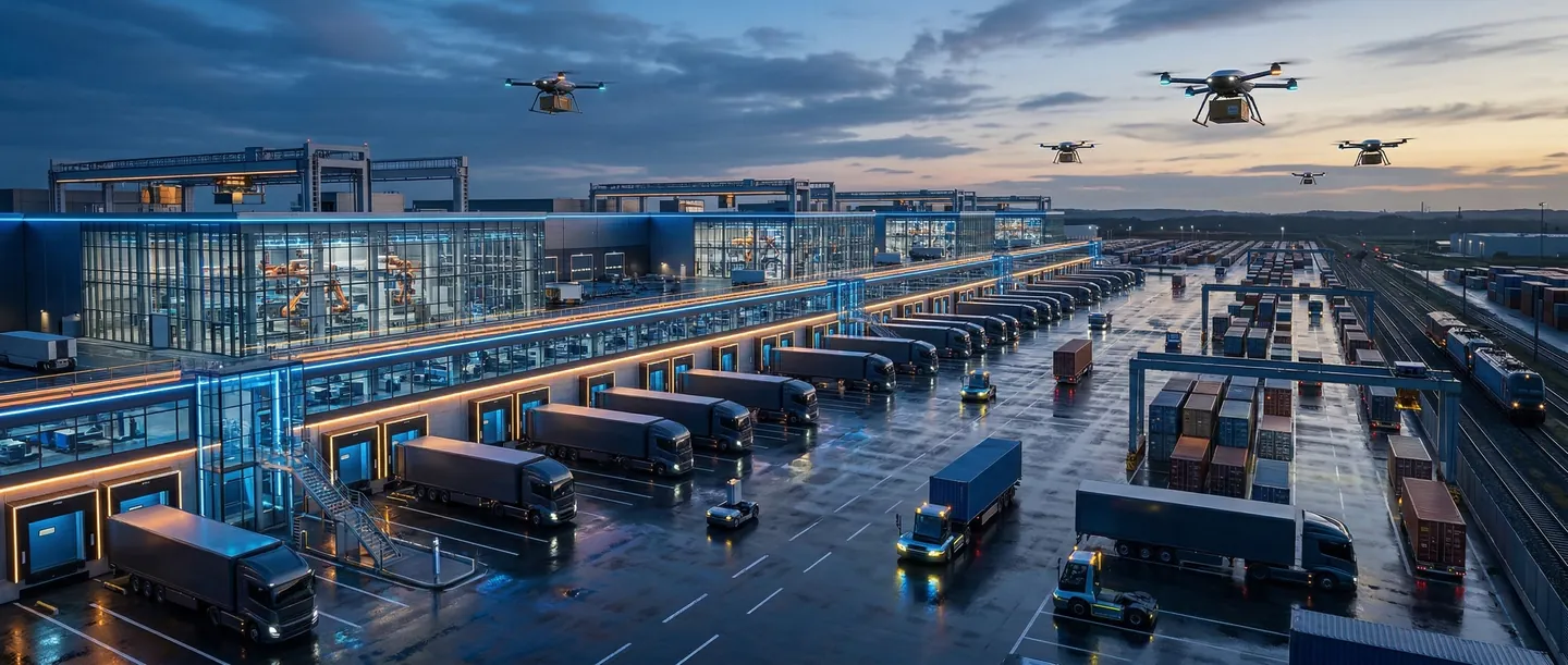 Hub logistic industrial modern cu camioane electrice și tehnologie avansată