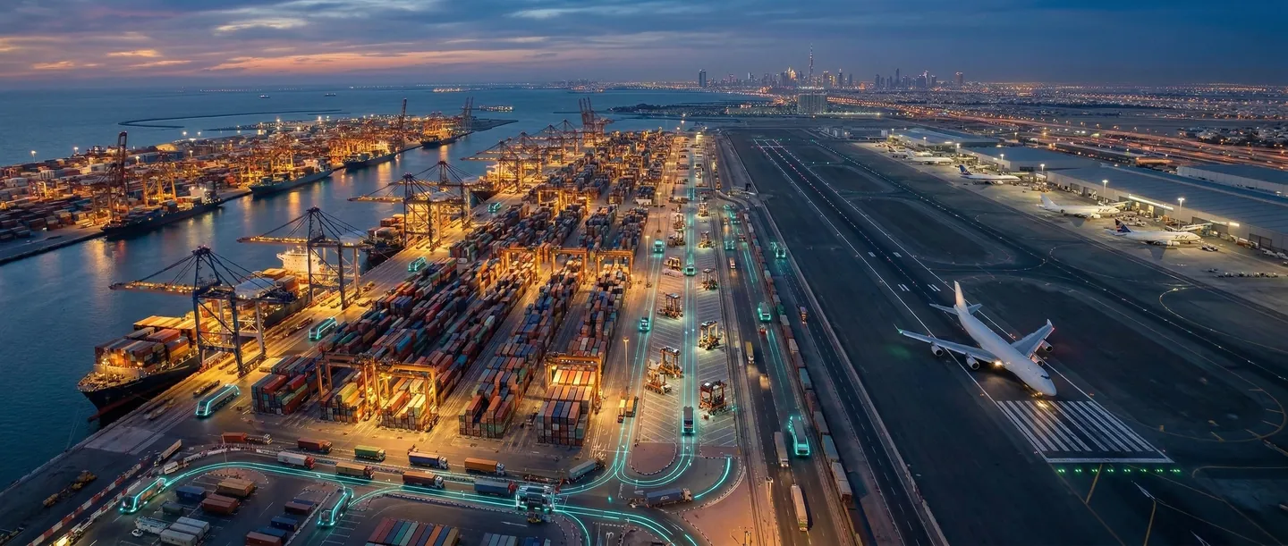 Hub Multimodal Sea-Air în Dubai Hub logistic multimodal în Dubai, containere maritime fiind descărcate și transferate rapid către avioane cargo, activitate intensă, apus