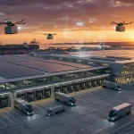 Hub logistic ultra-modern în 2026 cu drone și camioane autonome, simbolizând digitalizarea totală a vămilor