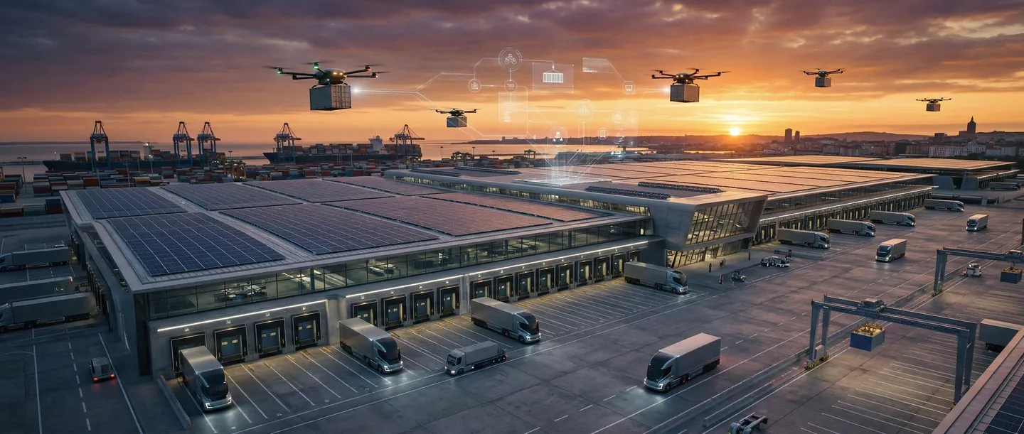 Viitorul Logisticii Europene 2026 Hub logistic ultra-modern în 2026 cu drone și camioane autonome, simbolizând digitalizarea totală a vămilor