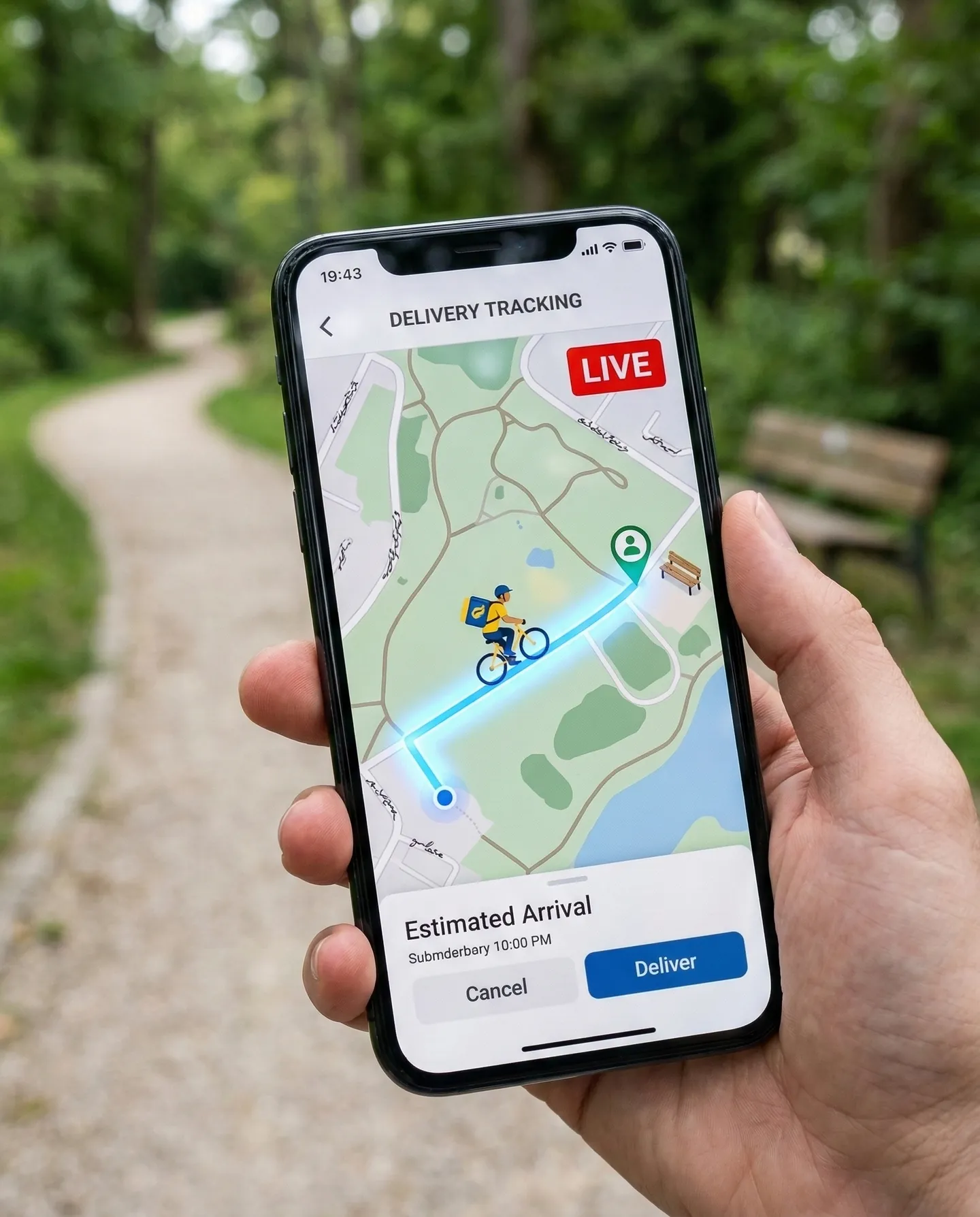 Interfață aplicație mobilă care arată livrarea în timp real bazată pe locația GPS a utilizatorului într-un parc