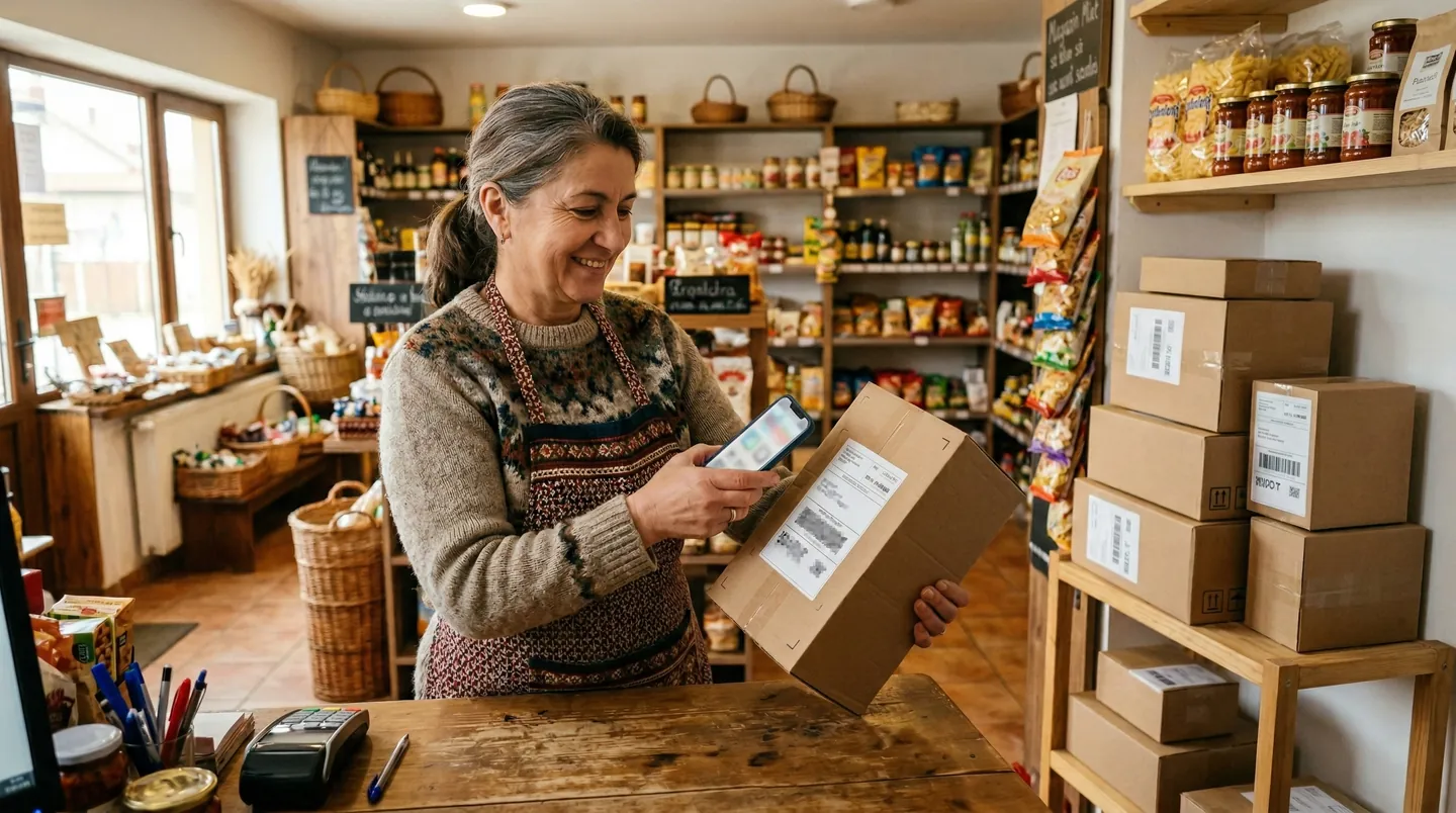 Punct Pick-Up Drop-Off Sătesc Interiorul unui magazin sătesc partener PUDO, unde proprietarul scanează colete cu telefonul mobil pentru a le preda clienților locali