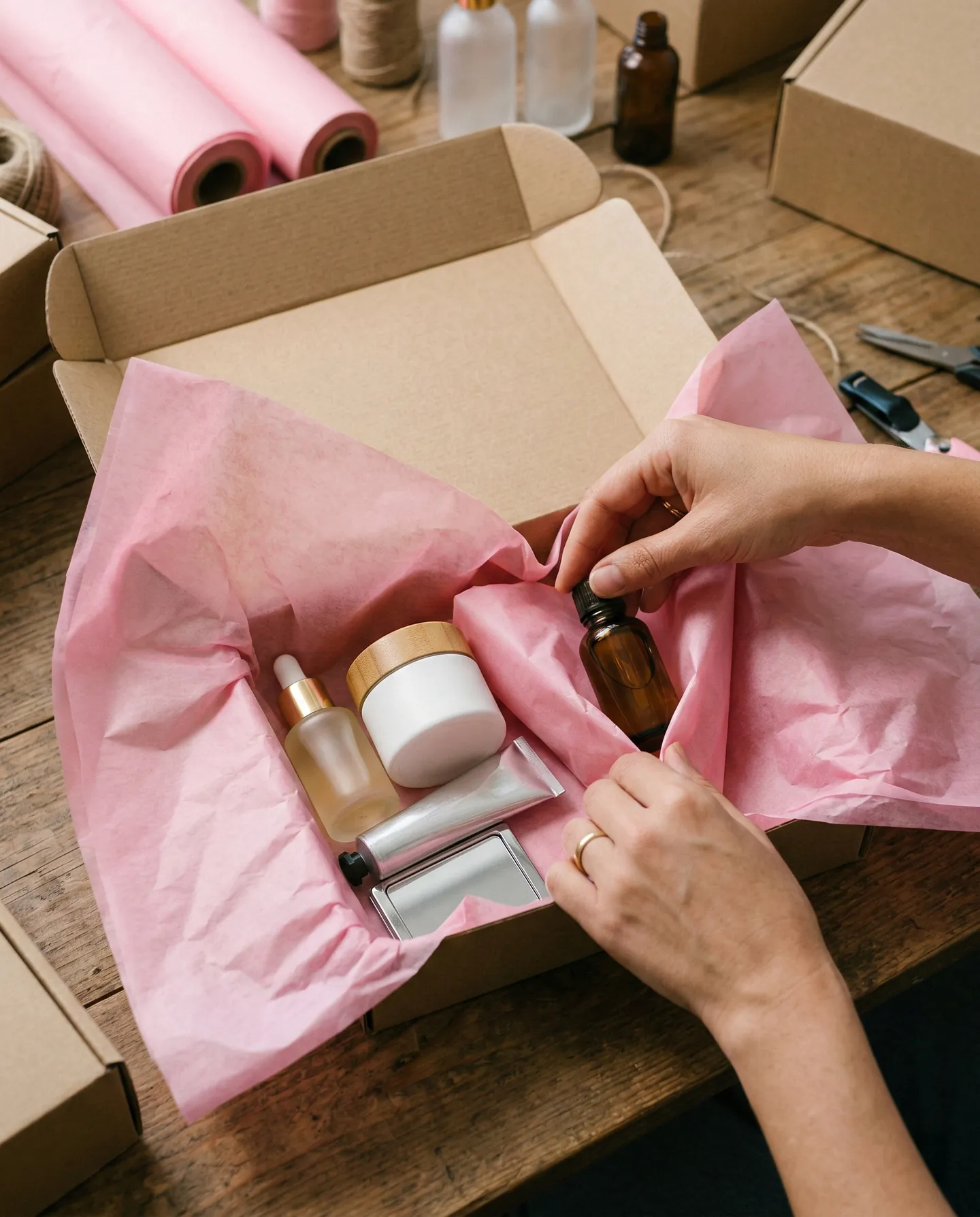 Linie de asamblare (kitting) pentru cutii de abonament cosmetice, mâini așezând cu grijă produse pe hârtie de mătase roz, atenție la detalii