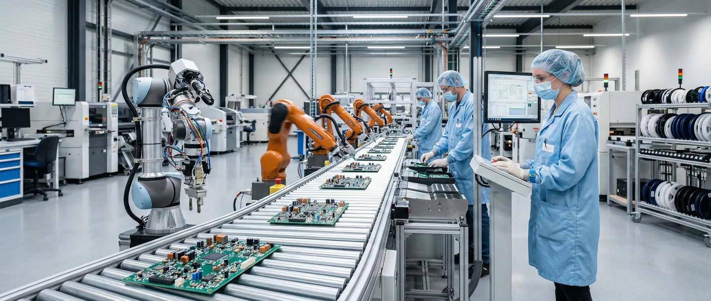 Producție Modernă în România Linie de producție automatizată într-o fabrică modernă din România, asamblare componente electronice, atmosferă high-tech