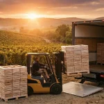 Peisaj de podgorie românească la apus cu paleți de vin pregătiți pentru export, simbolizând logistica vinului.