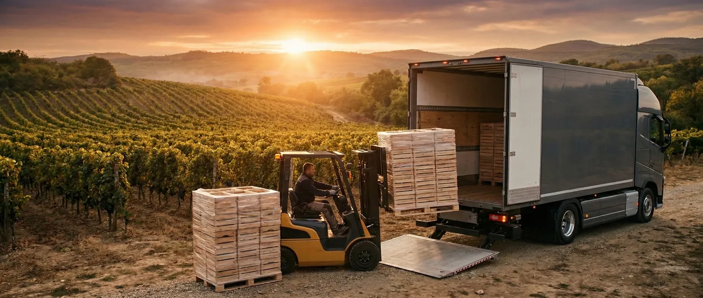 Peisaj de podgorie românească la apus cu paleți de vin pregătiți pentru export, simbolizând logistica vinului.