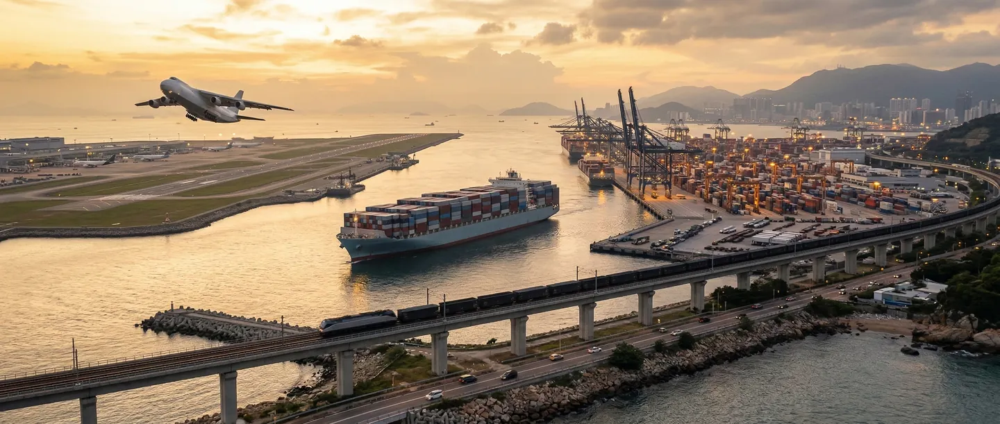 Logistica Multimodală în 2026 Peisaj logistic global în 2026 reprezentând transportul maritim, aerian și feroviar integrat