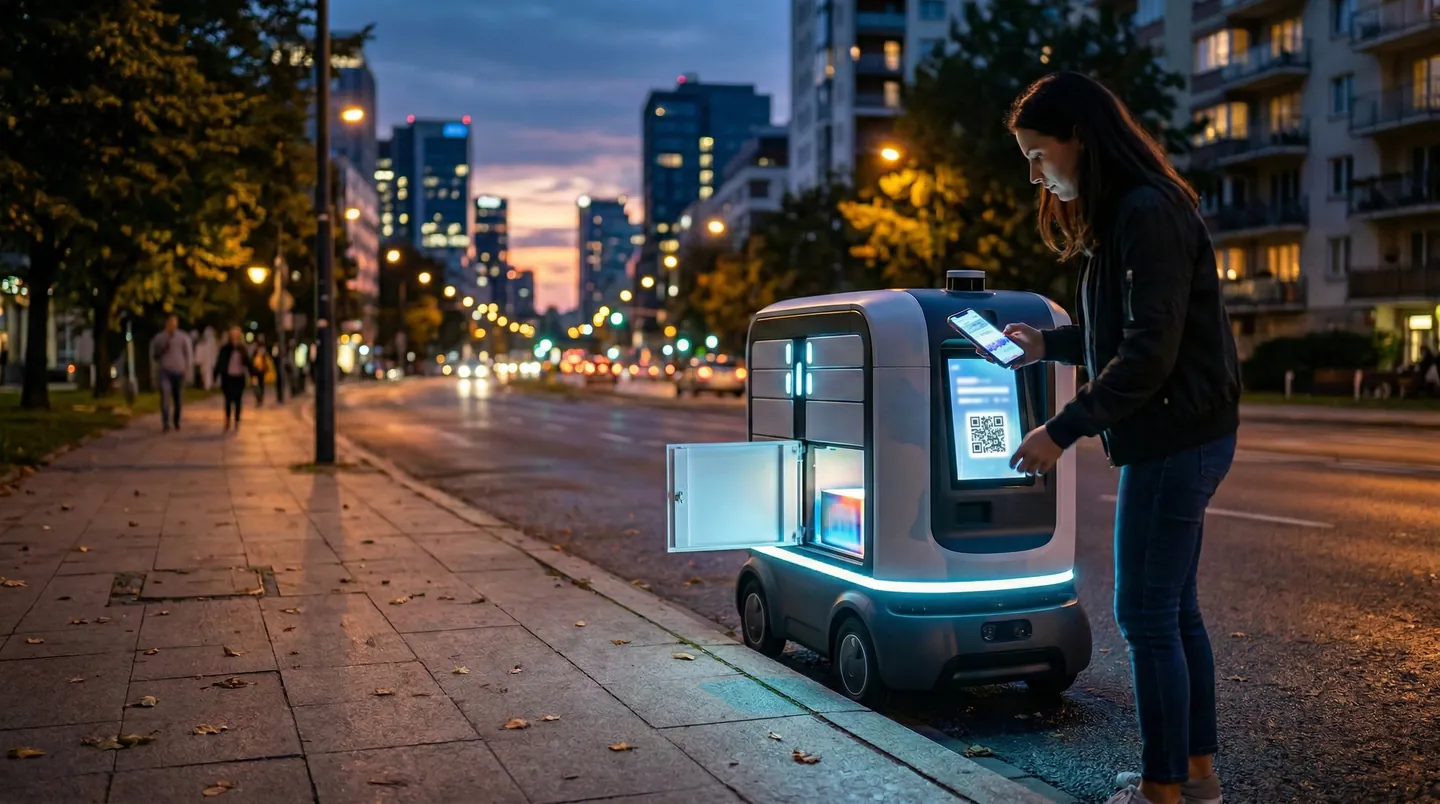 Robot autonom de tip locker mobil parcat într-un cartier rezidențial, lumini LED prietenoase, clienți interacționând cu ecranul tactil