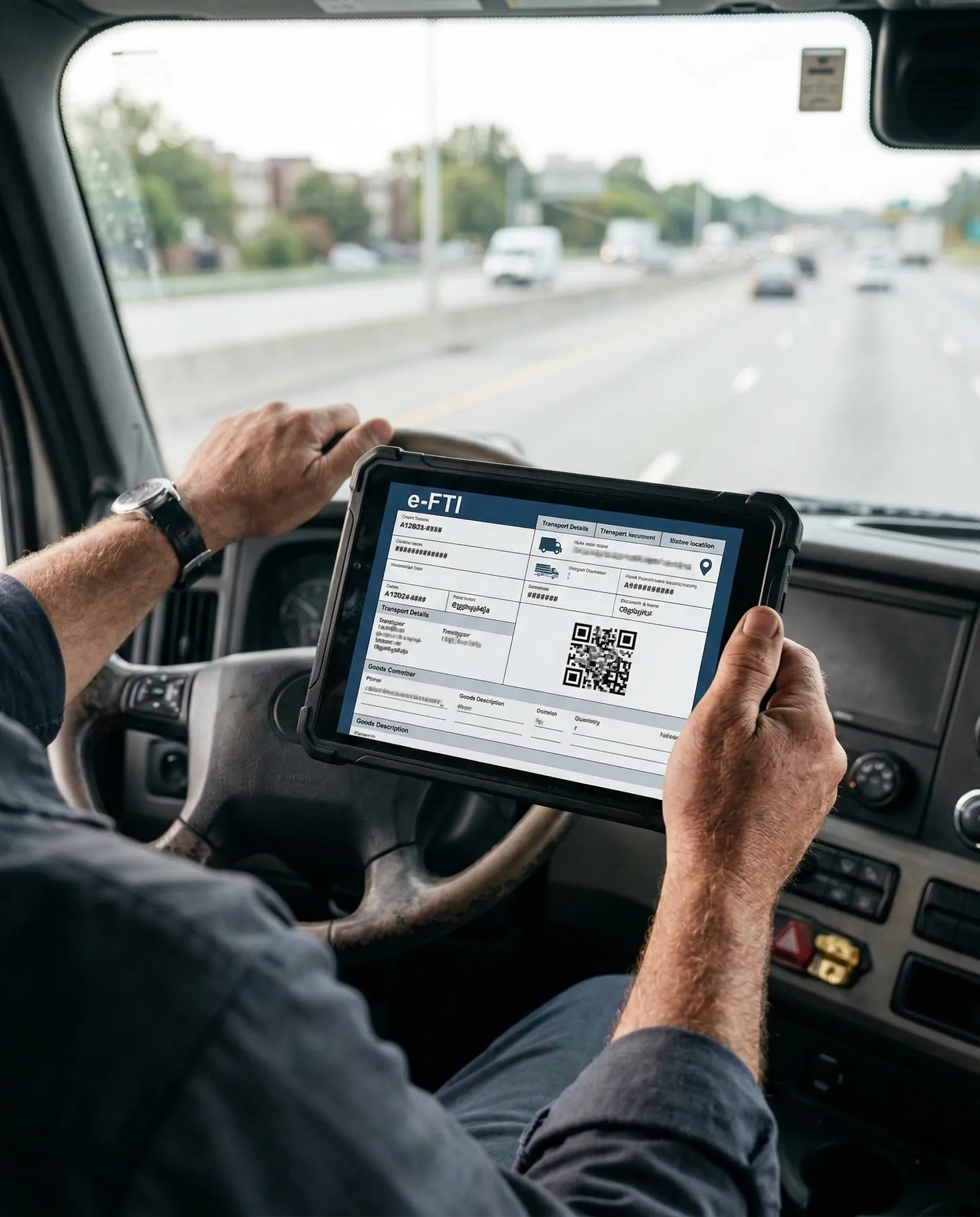Digitalizarea e-FTI în Transportul ADR Tabletă afișând documente de transport digitale e-FTI pentru mărfuri periculoase ADR