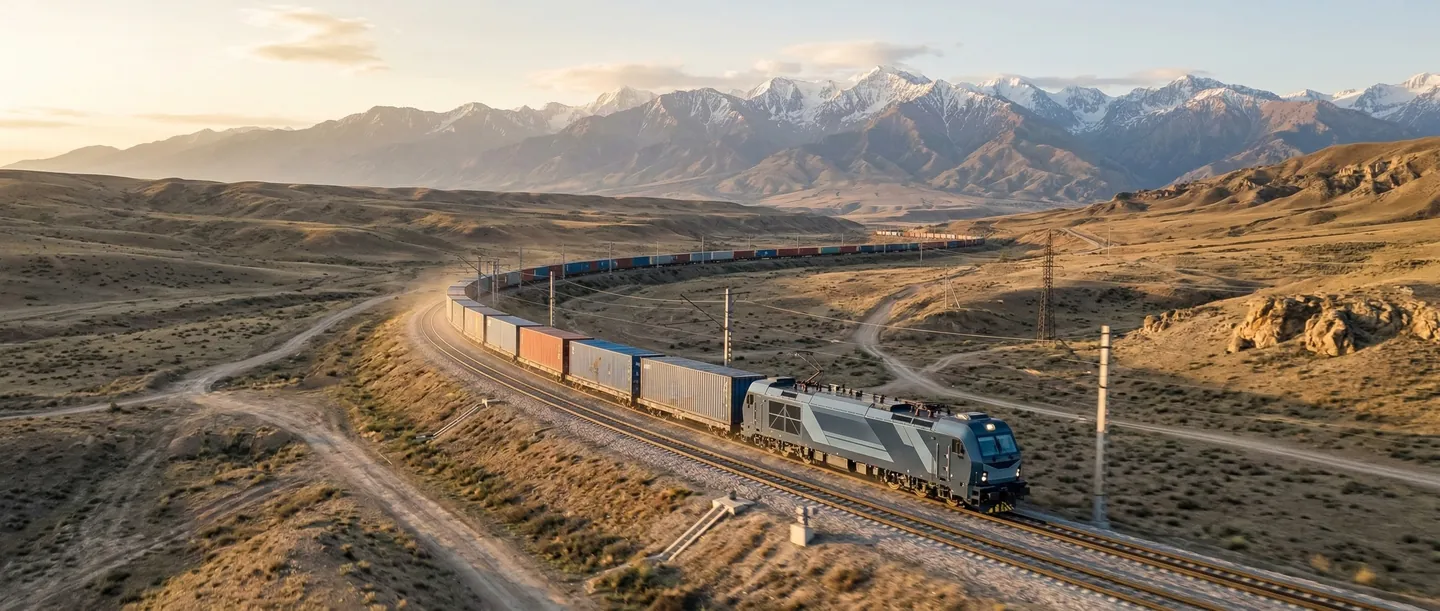 Transport Feroviar pe Noul Drum al Mătăsii Tren de marfă pe Coridorul Mijlociu al Noului Drum al Mătăsii traversând Asia Centrală