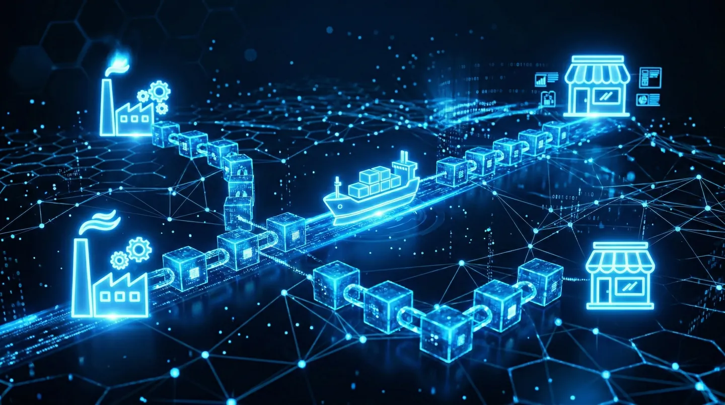 Vizualizare abstractă a unui lanț de aprovizionare conectat prin blockchain, noduri luminoase reprezentând fabrici, transportatori și magazine, securitate și transparență